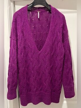 FREE PEOPLE JUNE CABLE V NECK SWEATER LONGLINE SLOUCHY KNIT TUNIC Size Small